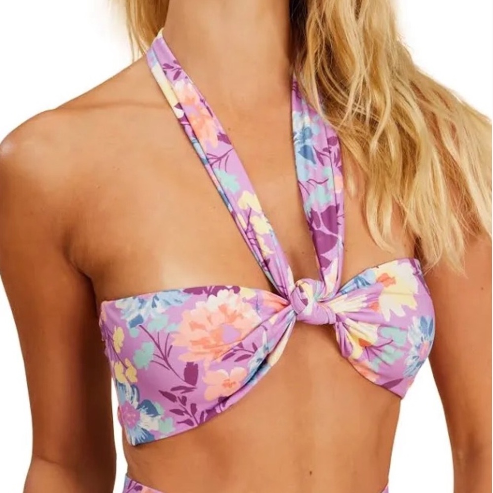 Billabong Halley’s Garden Purple Floral Wrap Halter Bikini Top Sz M